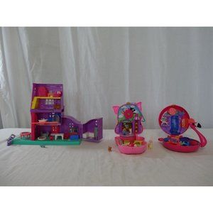 2018 Polly Pocket Pollyville Purple House + Pink Flamingo  +  Farm Piggy Pig Com